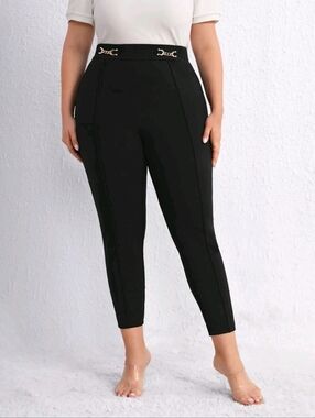 Plus Size Black Skinny Pants with Gold Accent
